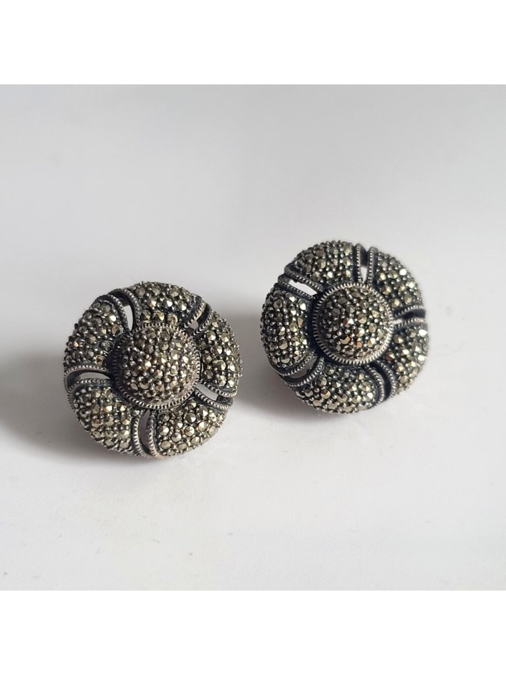 Judith Jack Sterling Silver 925 Marcasite Domed Clip Earrings Floral, high-end
